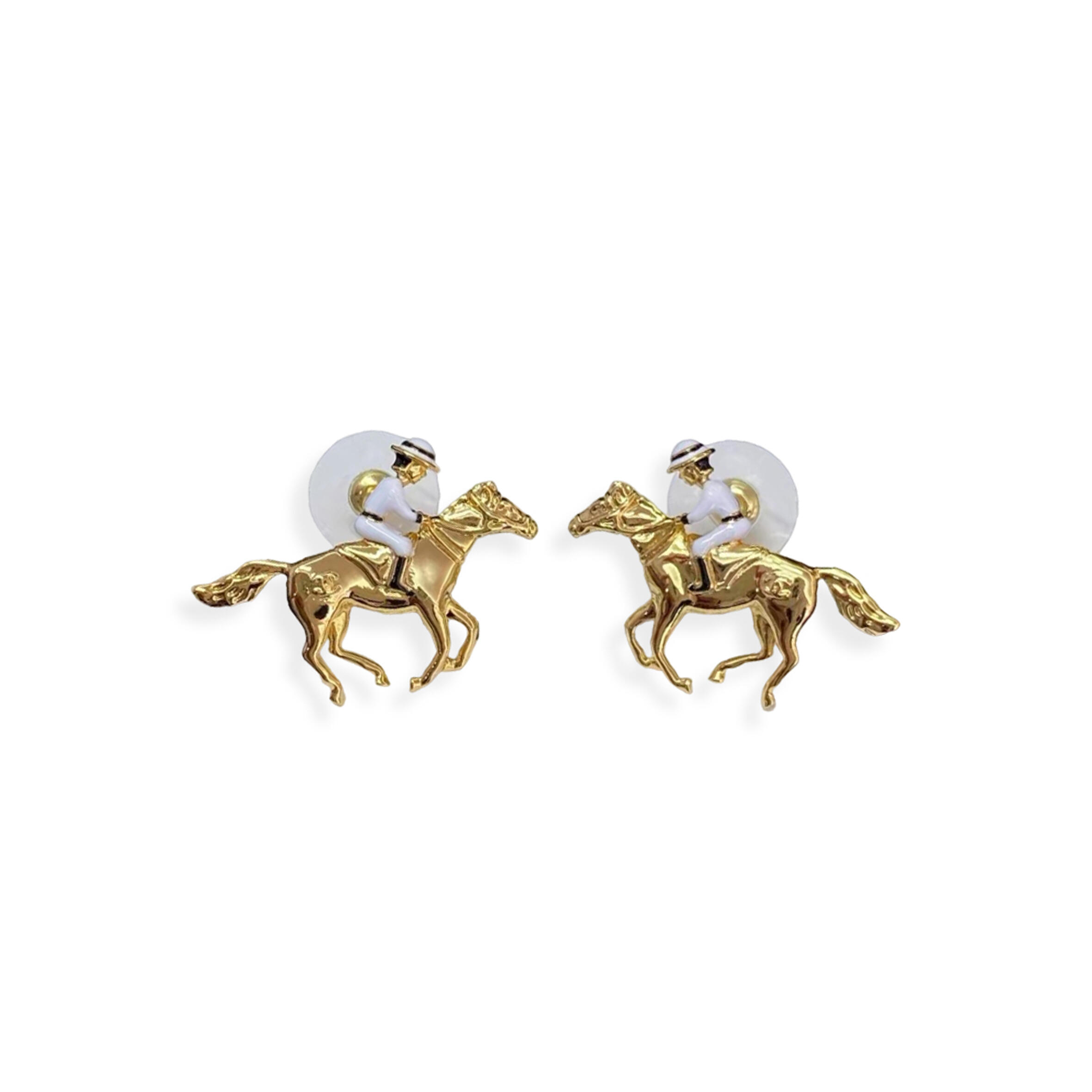 Ch**el 26p double c gold pony enamel knight earrings